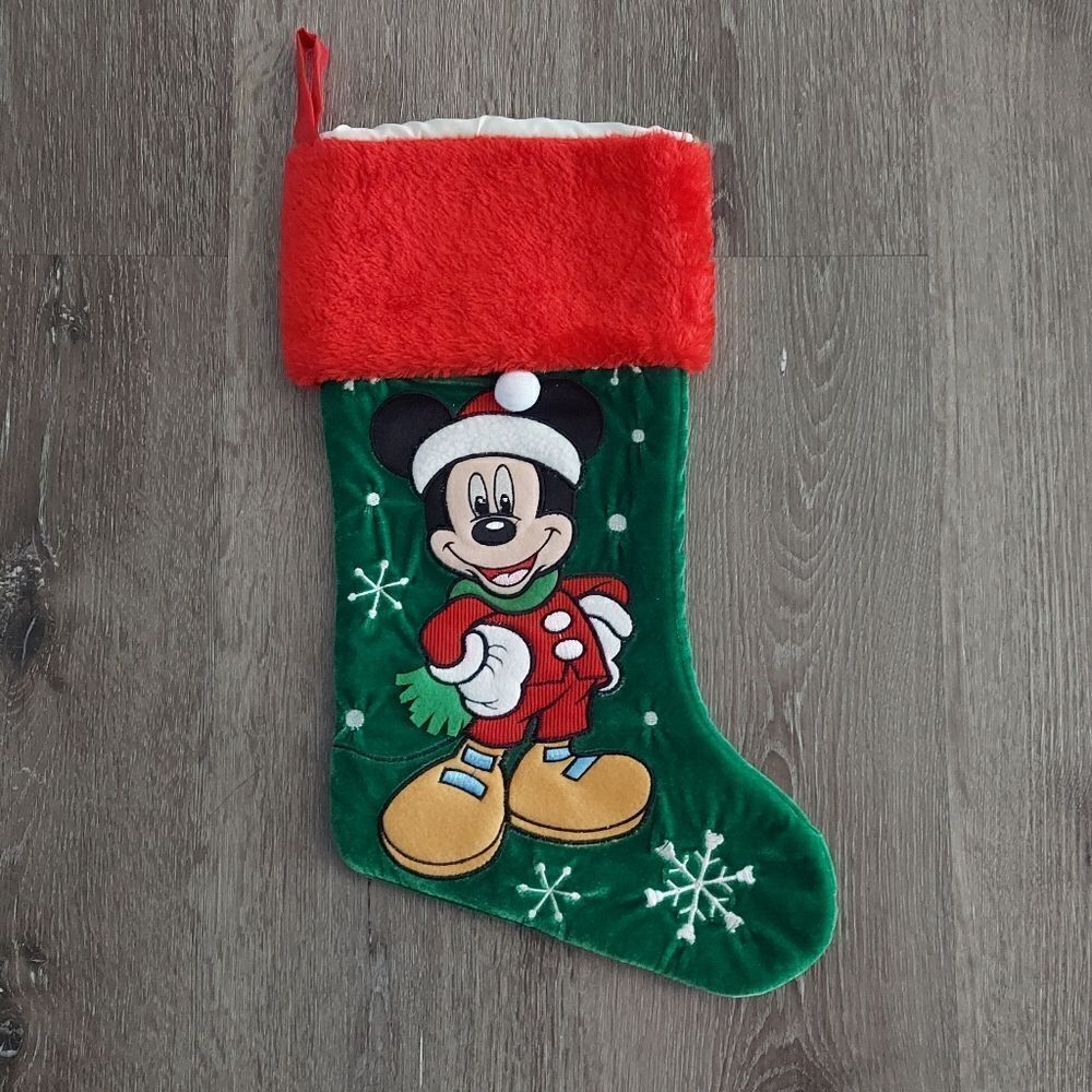 Disney Mickey Mouse Christmas Stocking Green Embroidered Plush Red Cuff